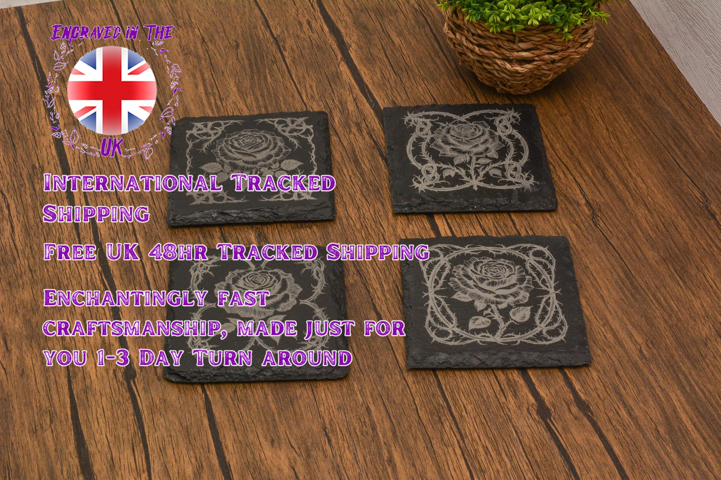 Gothic Rose Slate Coaster, Laser Engraved Floral Coaster, Gothic Home Decor, Engraved in UK – Gift for Witchy & Dark Aesthetic Lovers