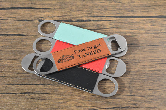 Military Tank Bottle Opener – Personalised Gift for Him – Funny Laser Engraved Bar Tool – Groomsmen Gift – Custom Leatherette Beer Opener