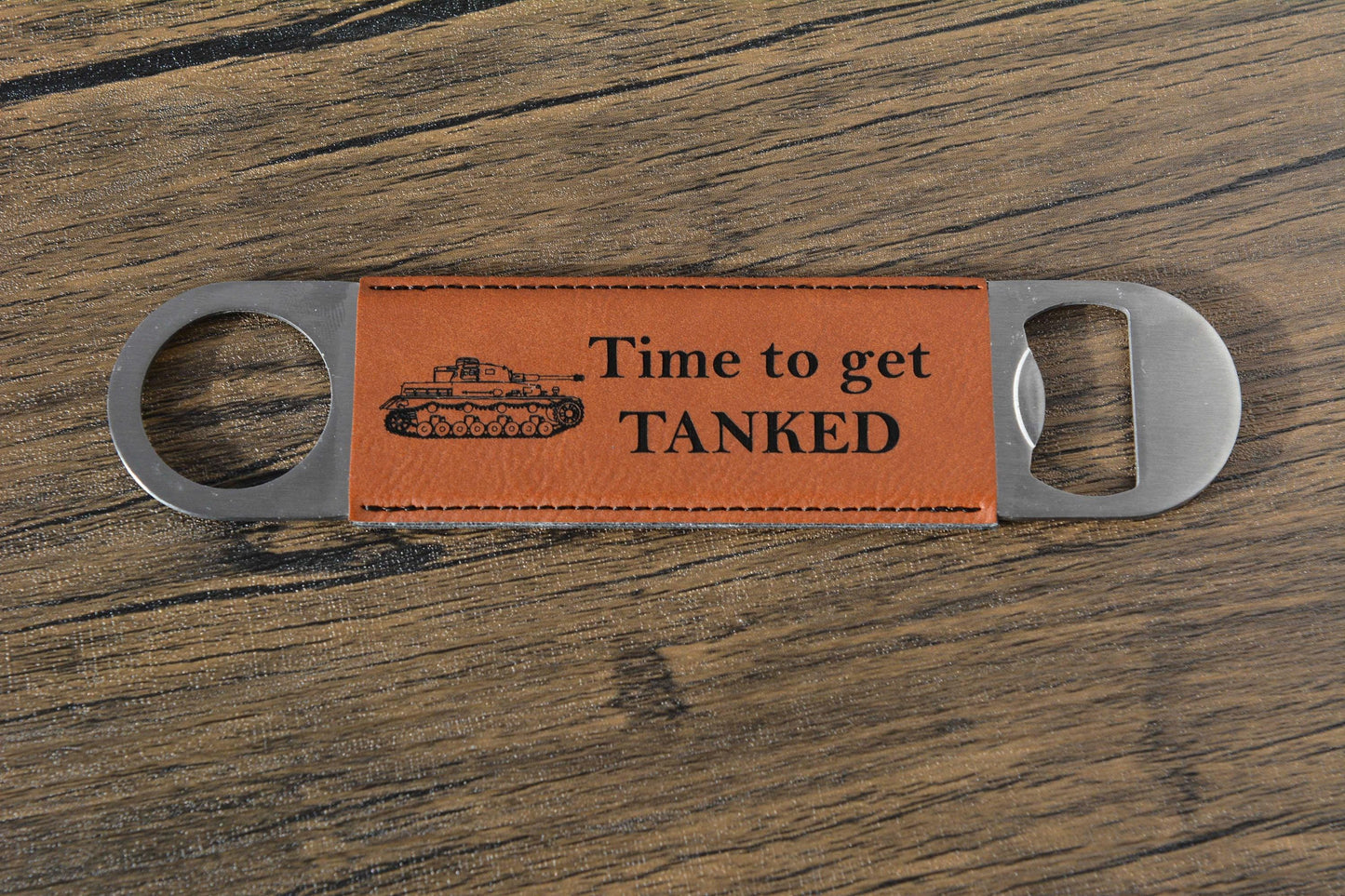 Military Tank Bottle Opener – Personalised Gift for Him – Funny Laser Engraved Bar Tool – Groomsmen Gift – Custom Leatherette Beer Opener