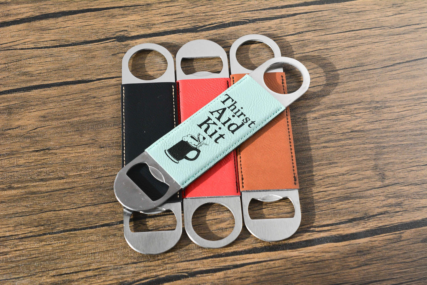 Personalised Leather Bottle Opener – “Thirst Aid Kit” Bar Blade, Funny Gift for Him, Groomsman Present, Custom Beer Opener