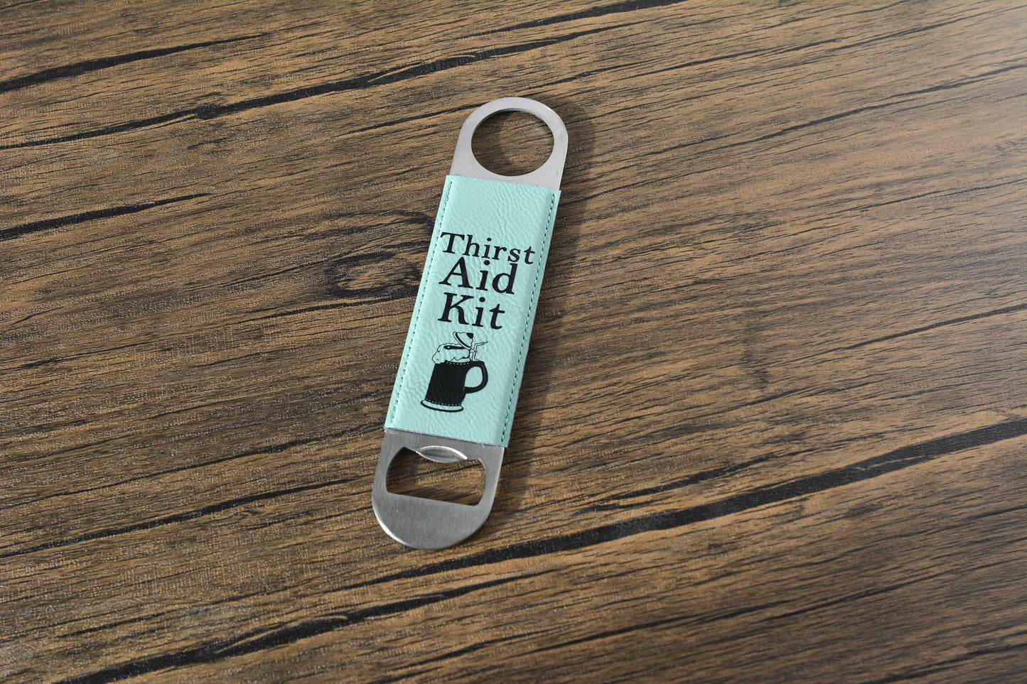 Personalised Leather Bottle Opener – “Thirst Aid Kit” Bar Blade, Funny Gift for Him, Groomsman Present, Custom Beer Opener