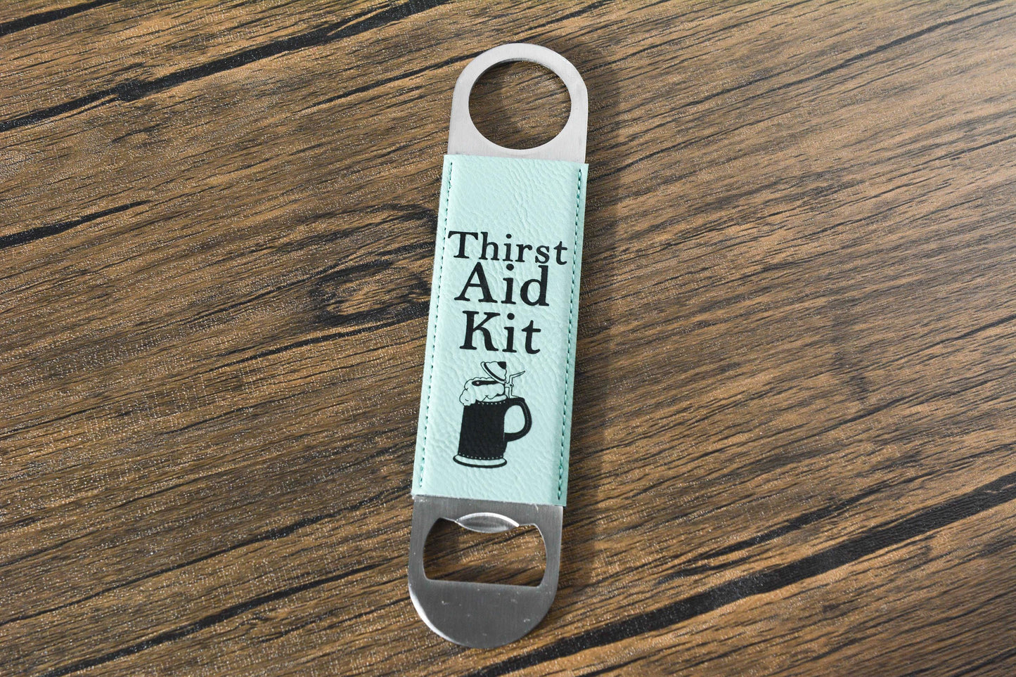Personalised Leather Bottle Opener – “Thirst Aid Kit” Bar Blade, Funny Gift for Him, Groomsman Present, Custom Beer Opener