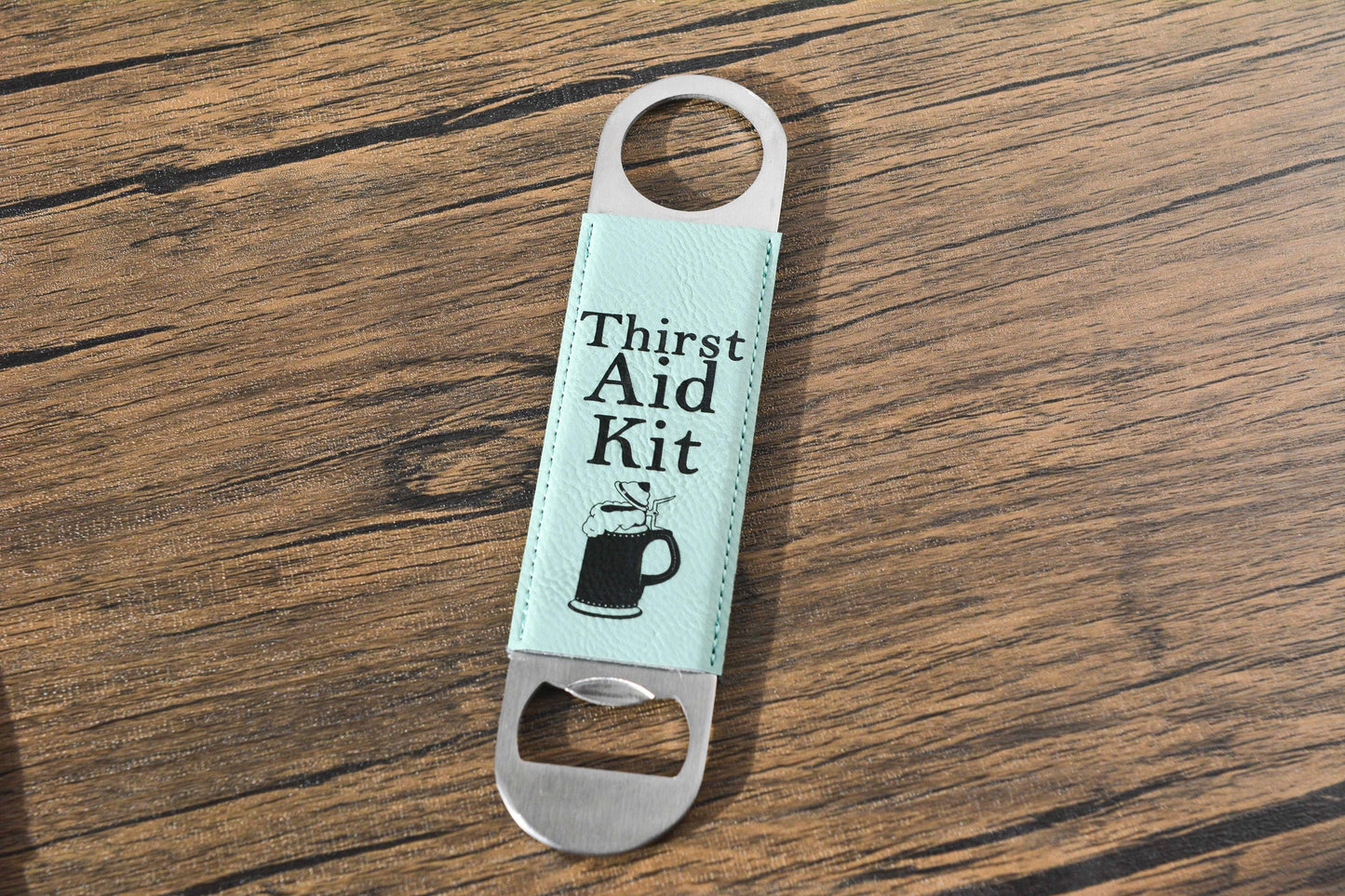 Personalised Leather Bottle Opener – “Thirst Aid Kit” Bar Blade, Funny Gift for Him, Groomsman Present, Custom Beer Opener
