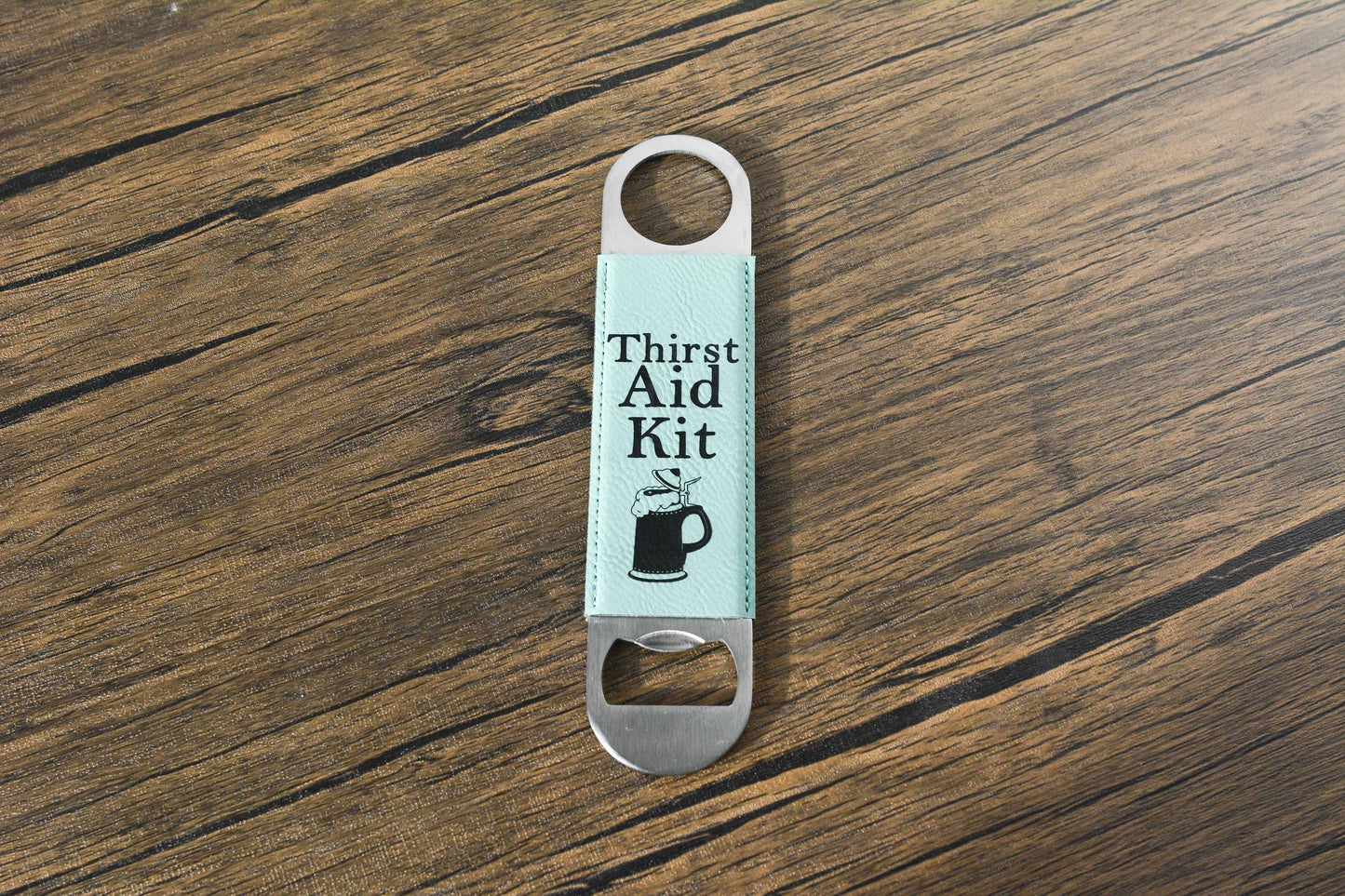 Personalised Leather Bottle Opener – “Thirst Aid Kit” Bar Blade, Funny Gift for Him, Groomsman Present, Custom Beer Opener
