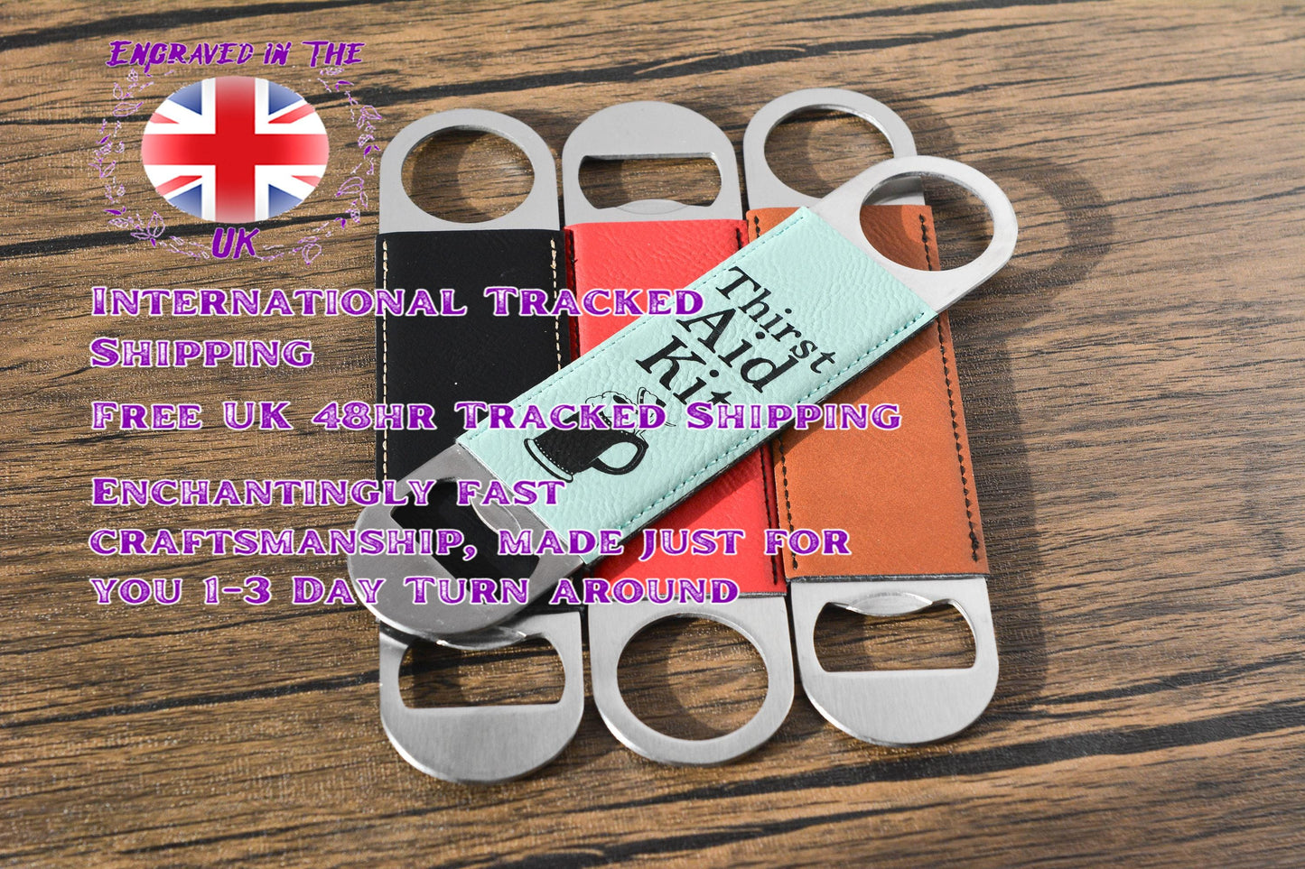 Personalised Leather Bottle Opener – “Thirst Aid Kit” Bar Blade, Funny Gift for Him, Groomsman Present, Custom Beer Opener