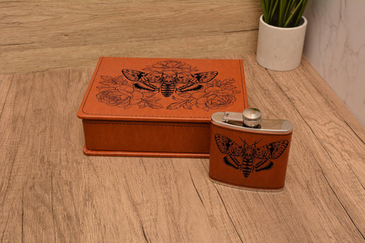 Deaths Head Moth Hip Flask Gift Set,  Gothic PU Leather Engraved Flask with 2 Shot Glasses & Funnel, Moth Lover Gift for Him or Her.