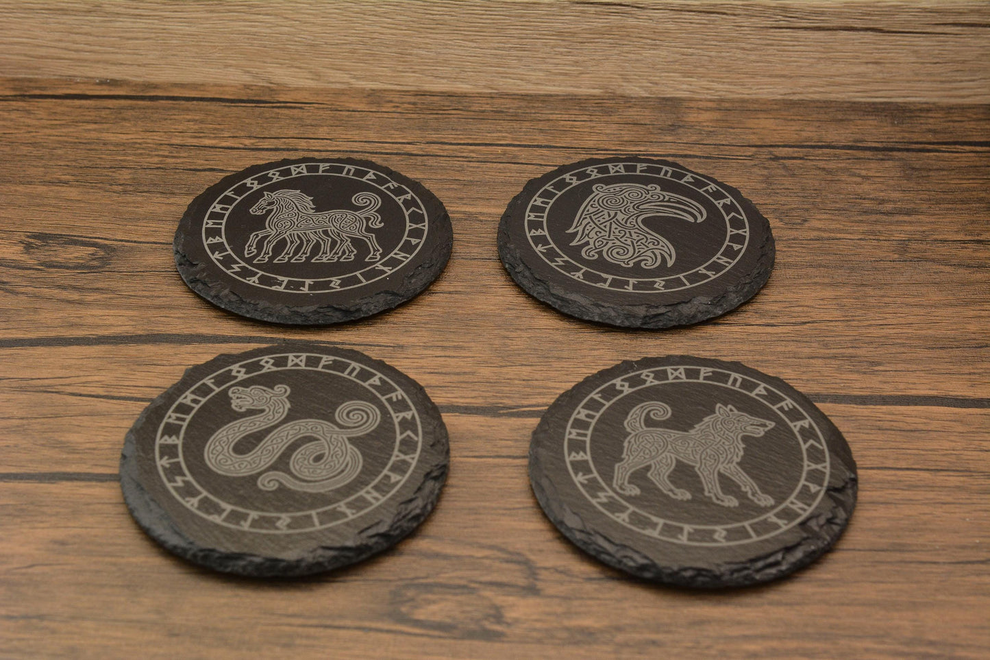 Norse Mythology Slate Coaster, Viking Animal Runes, Engraved Odin's Creatures, Nordic Home Gift for Him or Her, Mythology Decor for Pagan
