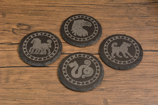 Norse Mythology Slate Coaster, Viking Animal Runes, Engraved Odin's Creatures, Nordic Home Gift for Him or Her, Mythology Decor for Pagan