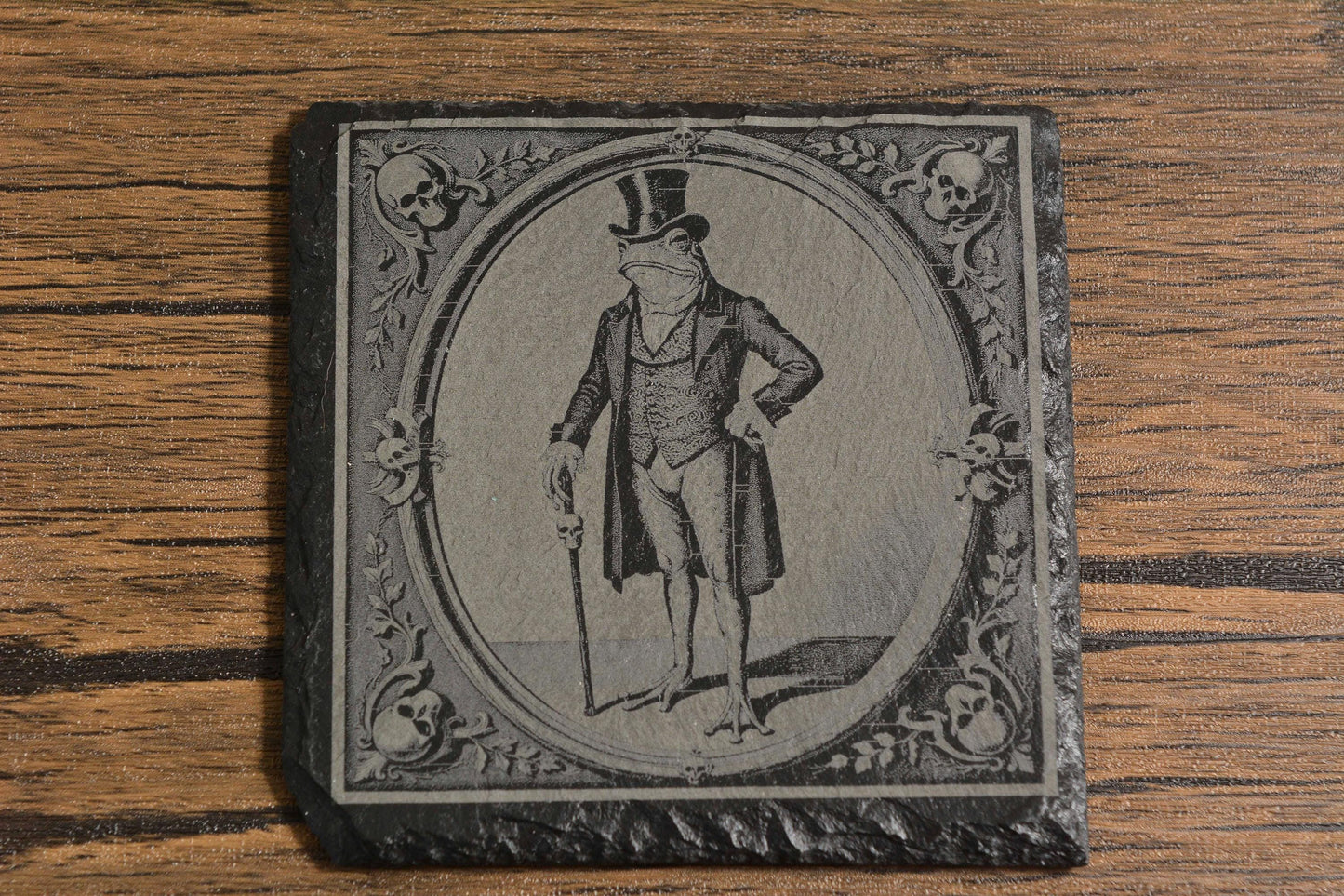 Gothic Slate Coaster, Victorian Animal Portraits of Frog, Cat, Rat & Hedgehog, Laser Engraved Rustic Drink Coaster, Quirky Gothic Home Decor