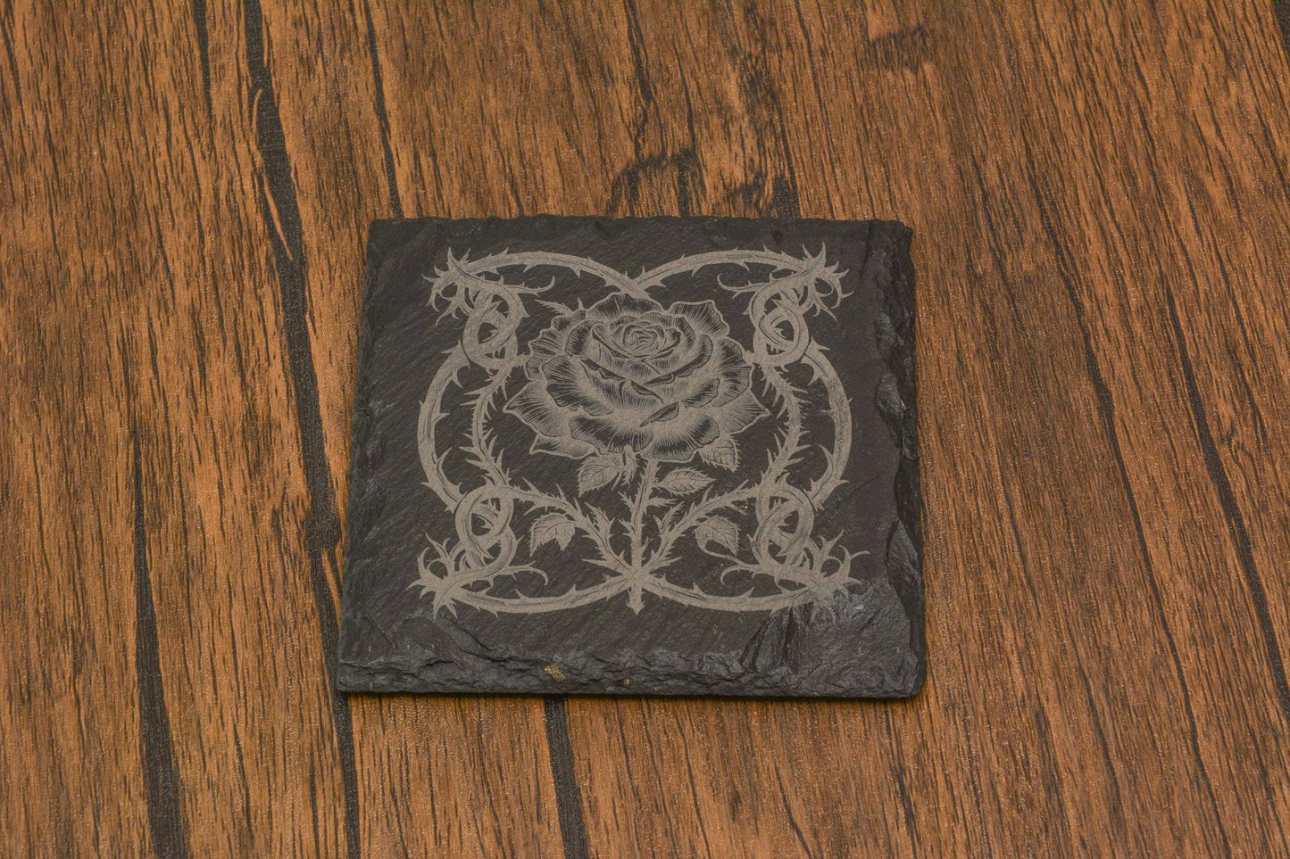 Gothic Rose Slate Coaster, Laser Engraved Floral Coaster, Gothic Home Decor, Engraved in UK – Gift for Witchy & Dark Aesthetic Lovers