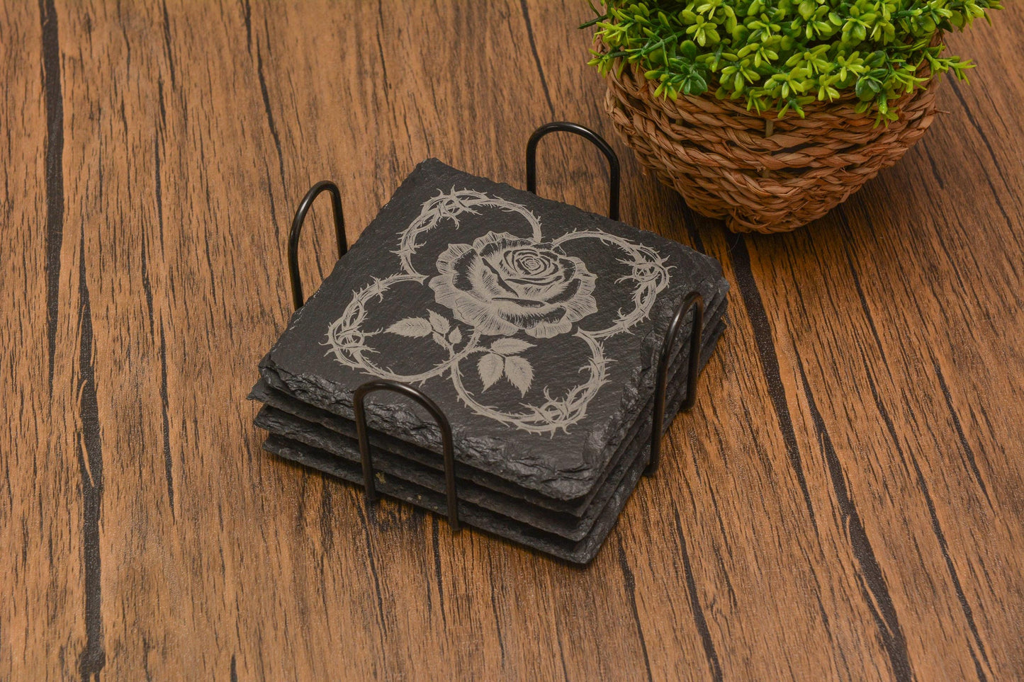 Gothic Rose Slate Coaster, Laser Engraved Floral Coaster, Gothic Home Decor, Engraved in UK – Gift for Witchy & Dark Aesthetic Lovers