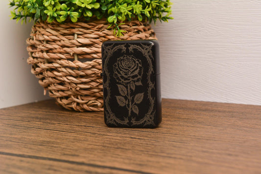 Gothic Rose Engraved Refillable Flip Lighter – Dark Floral Petrol Lighter in Gift Tin, Witchy Pagan Gift for Him or Her