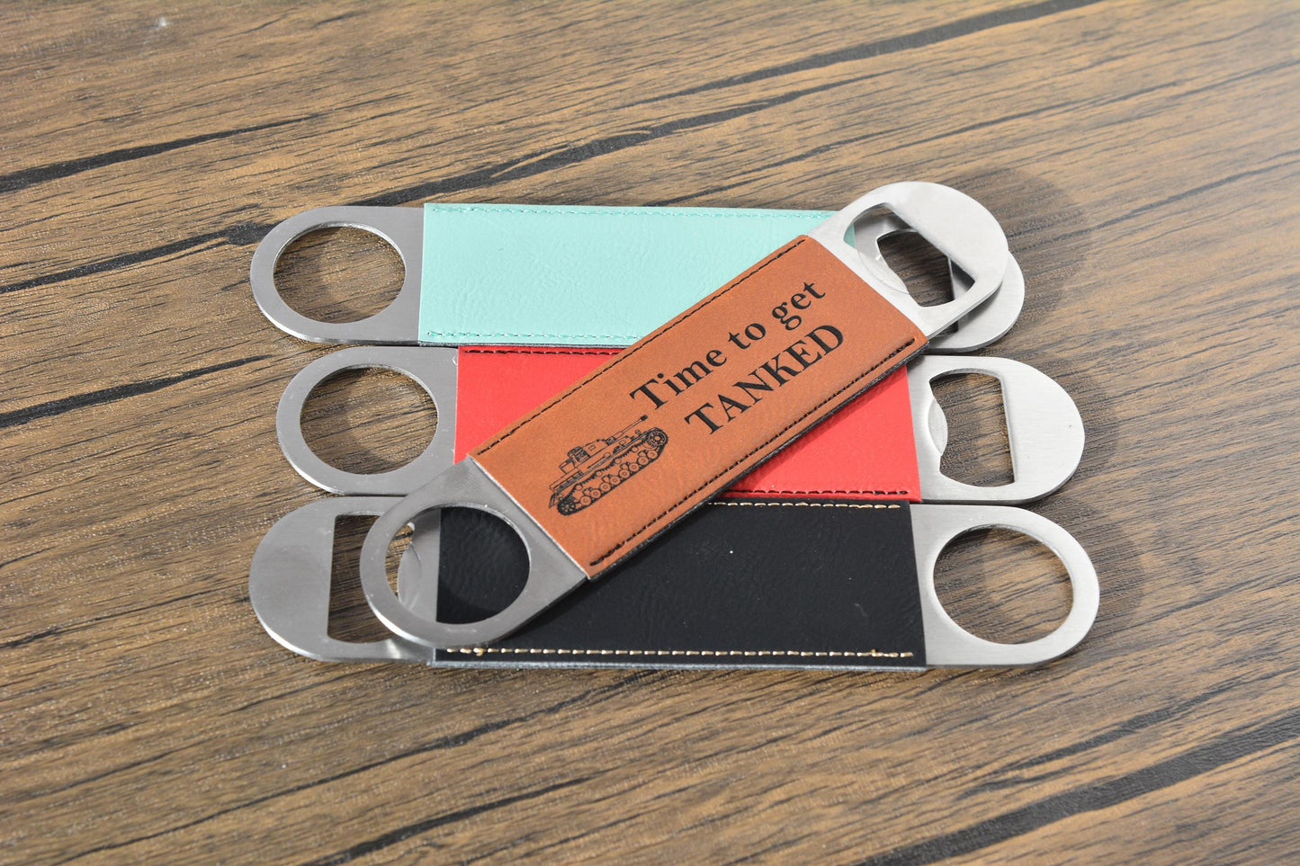 Military Tank Bottle Opener – Personalised Gift for Him – Funny Laser Engraved Bar Tool – Groomsmen Gift – Custom Leatherette Beer Opener