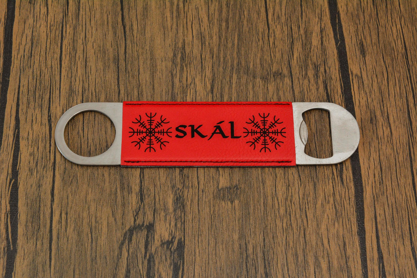 Viking Bottle Opener Bar Blade – Norse PU Leather & Steel – Odin, Skål, Valknut Designs – Pagan Gift for Him – Norseman Bar Tool