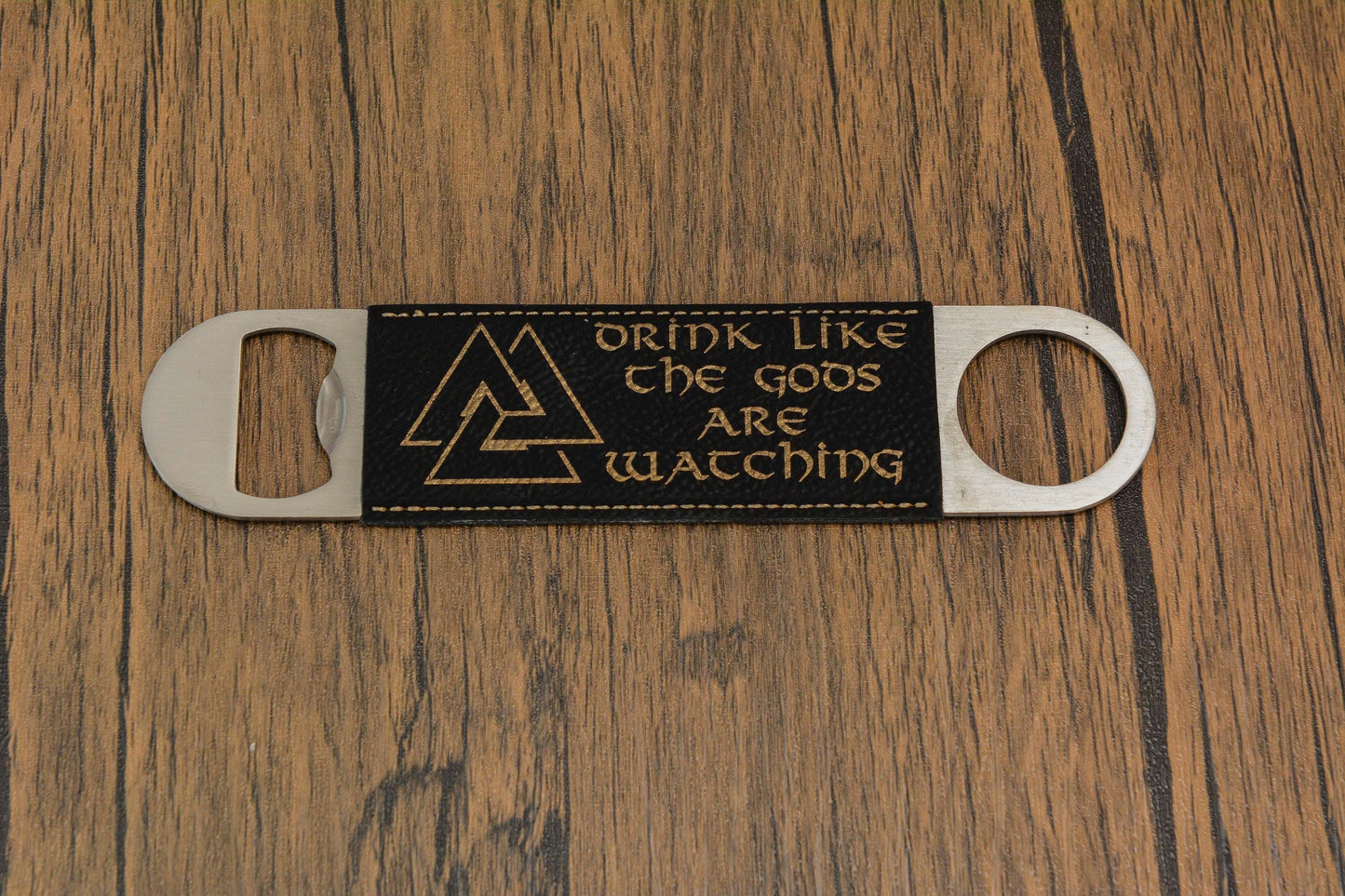Viking Bottle Opener Bar Blade – Norse PU Leather & Steel – Odin, Skål, Valknut Designs – Pagan Gift for Him – Norseman Bar Tool