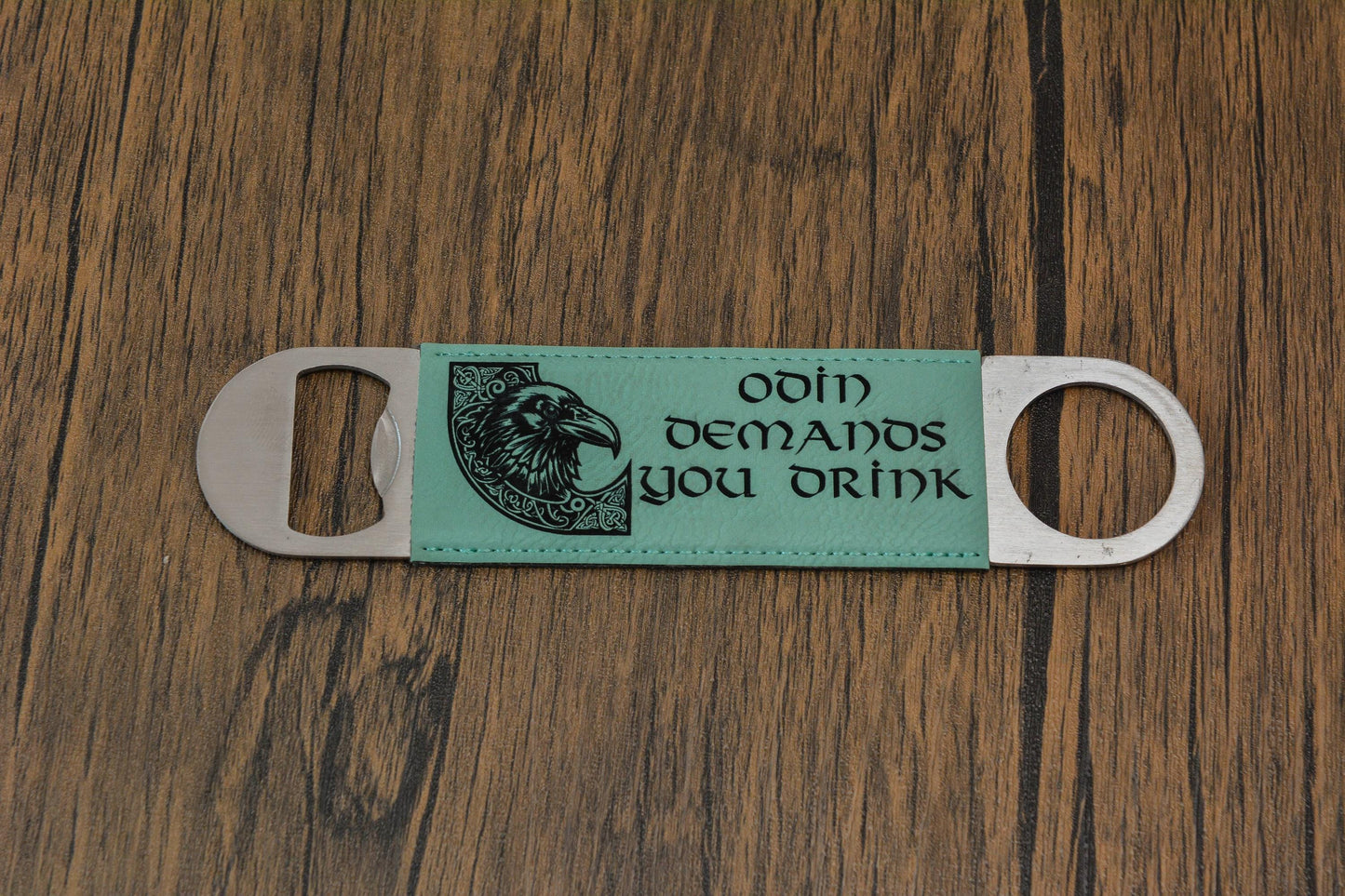 Viking Bottle Opener Bar Blade – Norse PU Leather & Steel – Odin, Skål, Valknut Designs – Pagan Gift for Him – Norseman Bar Tool