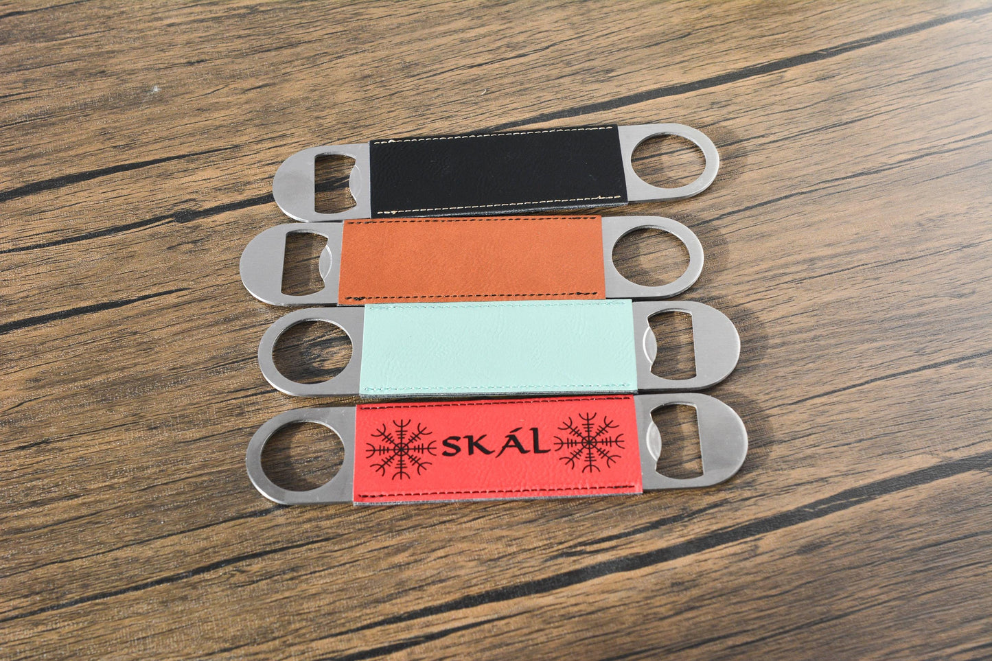 Viking Bottle Opener Bar Blade – Norse PU Leather & Steel – Odin, Skål, Valknut Designs – Pagan Gift for Him – Norseman Bar Tool
