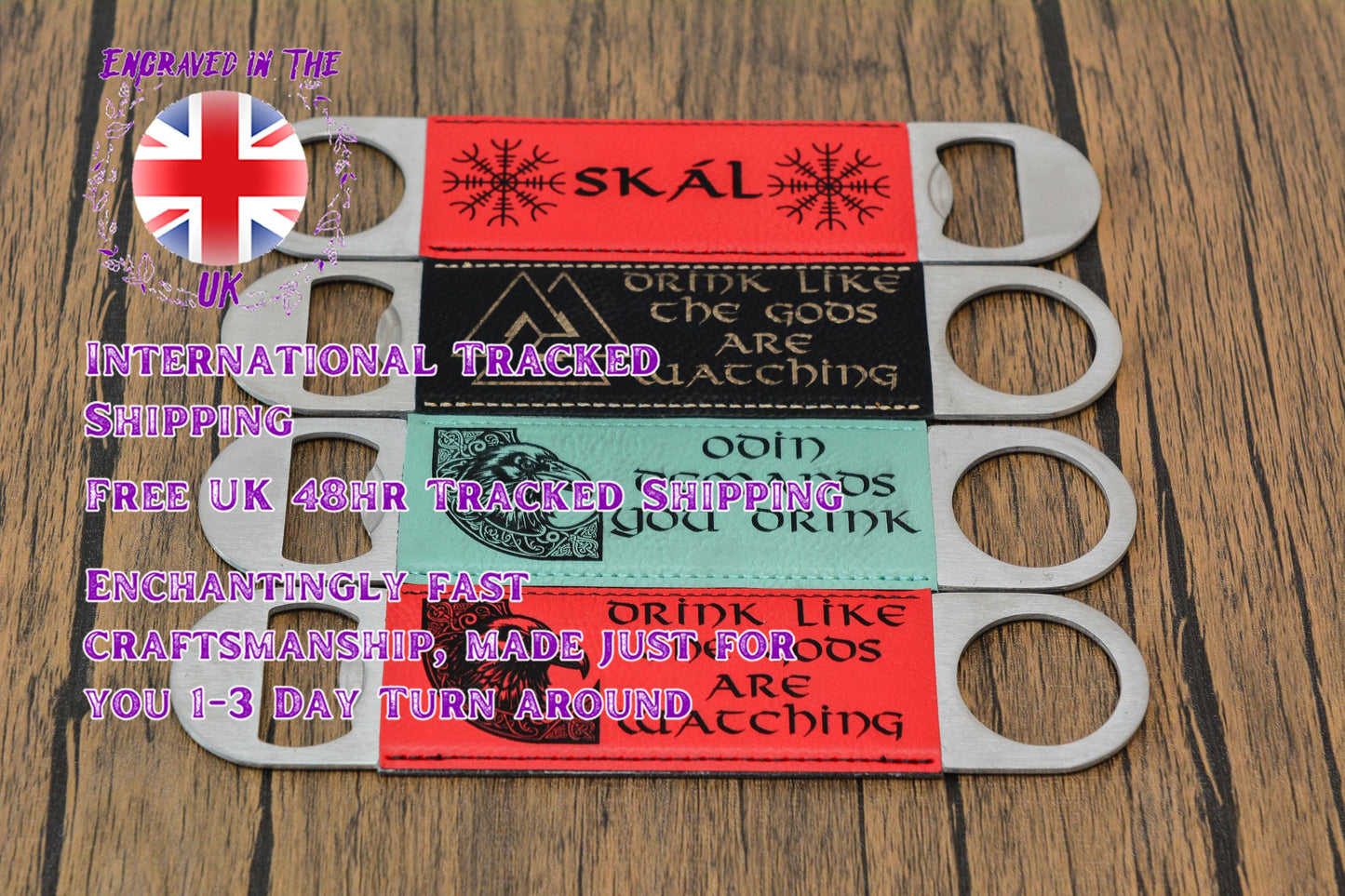 Viking Bottle Opener Bar Blade – Norse PU Leather & Steel – Odin, Skål, Valknut Designs – Pagan Gift for Him – Norseman Bar Tool
