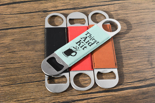 Personalised Leather Bottle Opener – “Thirst Aid Kit” Bar Blade, Funny Gift for Him, Groomsman Present, Custom Beer Opener