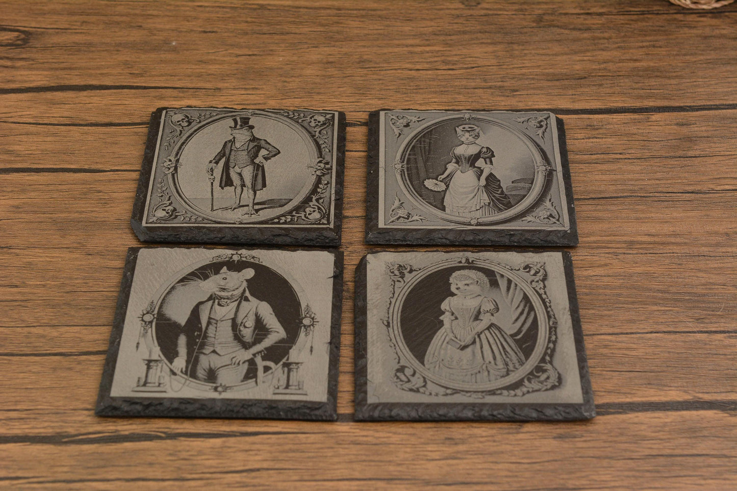 Gothic Slate Coaster, Victorian Animal Portraits of Frog, Cat, Rat & Hedgehog, Laser Engraved Rustic Drink Coaster, Quirky Gothic Home Decor