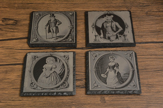 Gothic Slate Coaster, Victorian Animal Portraits of Frog, Cat, Rat & Hedgehog, Laser Engraved Rustic Drink Coaster, Quirky Gothic Home Decor