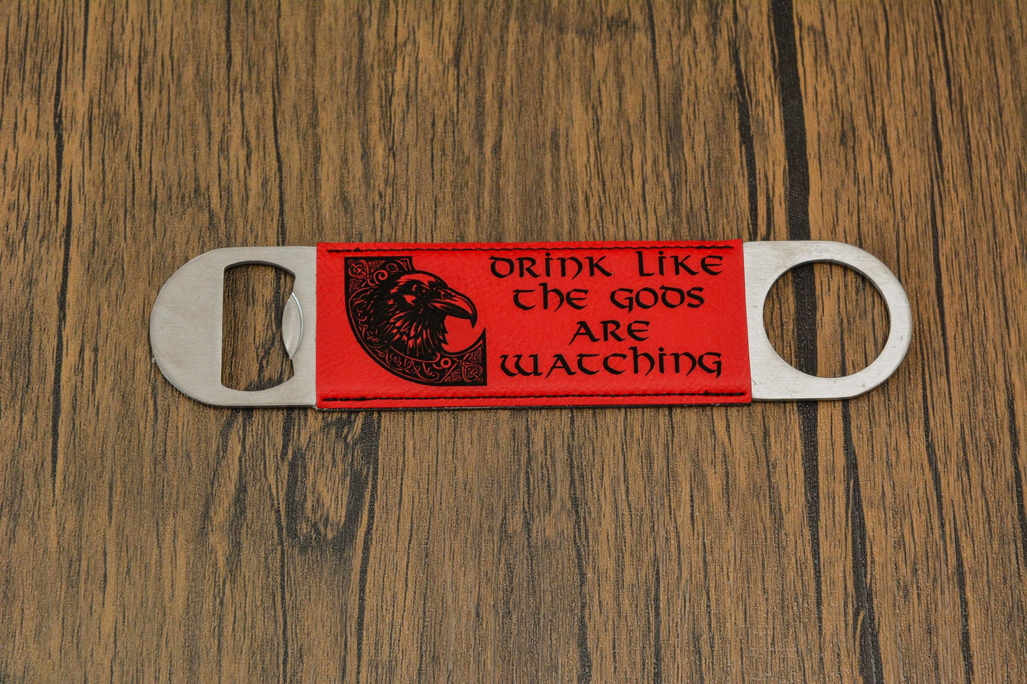 Viking Bottle Opener Bar Blade – Norse PU Leather & Steel – Odin, Skål, Valknut Designs – Pagan Gift for Him – Norseman Bar Tool