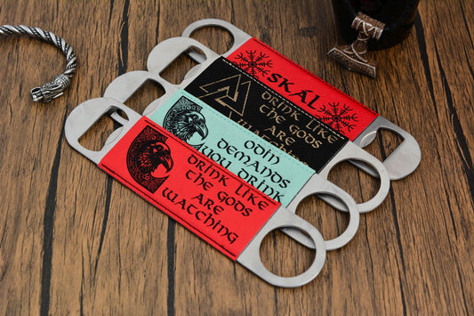 Viking Bottle Opener Bar Blade – Norse PU Leather & Steel – Odin, Skål, Valknut Designs – Pagan Gift for Him – Norseman Bar Tool