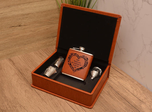 Personalised Father’s Day Hip Flask – 6oz Stainless Steel with Brown Leather Wrap – Funny or Custom Engraved Gift for Dad