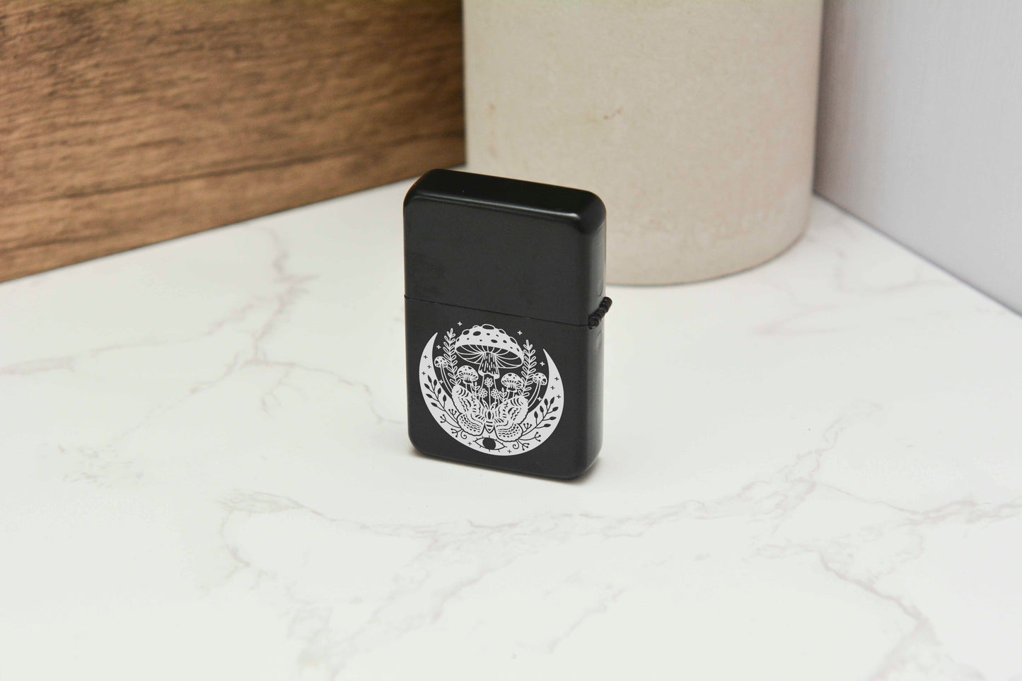 Mushroom Moon Engraved Lighter – Black Matte Stainless Steel Refillable Flip Top