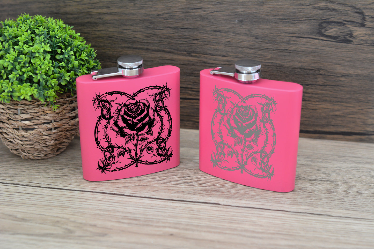 Gothic Rose Pink Hip Flask – 6oz Steel Engraved Gift (Black or Silver Finish)