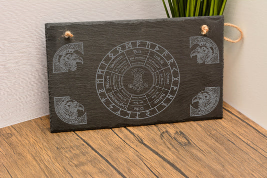 Norse Pagan Calendar Slate Hanging Sign – 25x15cm Viking Year Wheel with Runes & Ravens