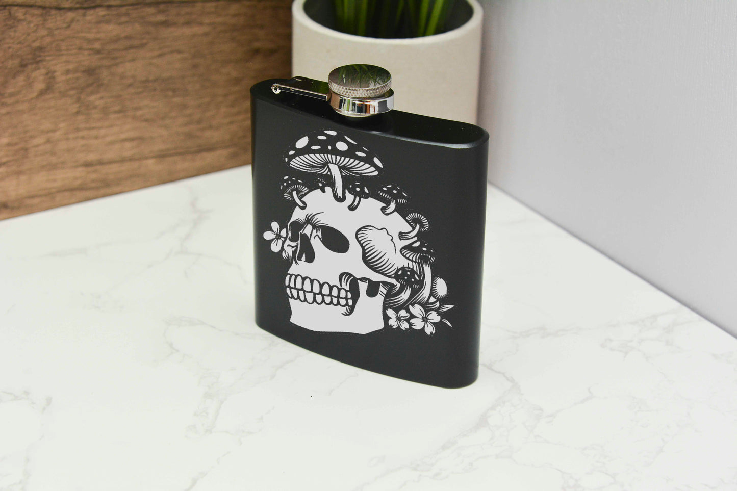 Mushroom Skull Hip Flask – 6oz Engraved Stainless Steel Flask with Gift Box & Funnel