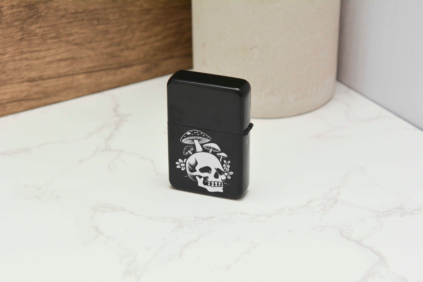 Gothic Skull and Mushroom Engraved Lighter – Black Matte Stainless Steel Refillable Flip Top