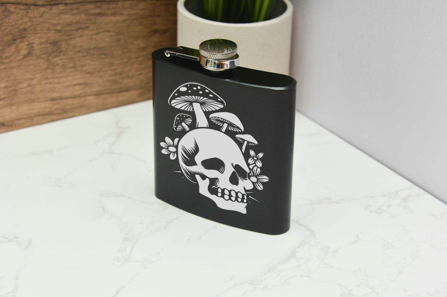 Mushroom Skull Hip Flask – 6oz Engraved Stainless Steel Flask with Gift Box & Funnel