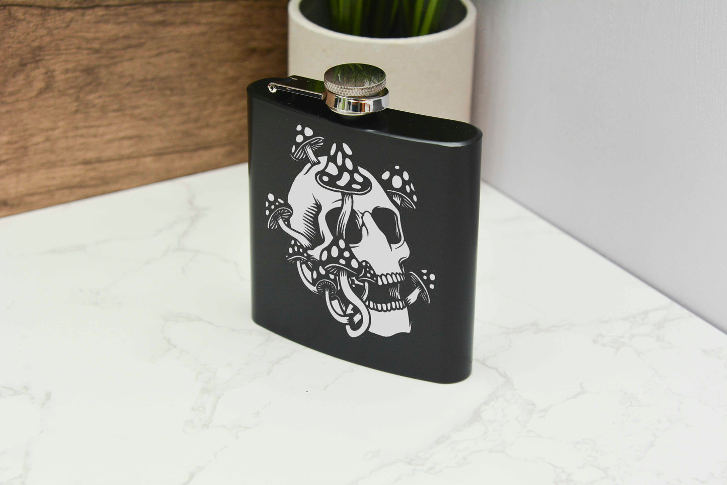 Mushroom Skull Hip Flask – 6oz Engraved Stainless Steel Flask with Gift Box & Funnel