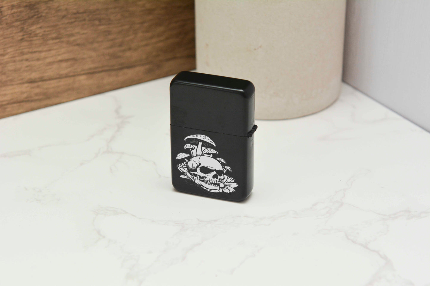 Gothic Skull and Mushroom Engraved Lighter – Black Matte Stainless Steel Refillable Flip Top