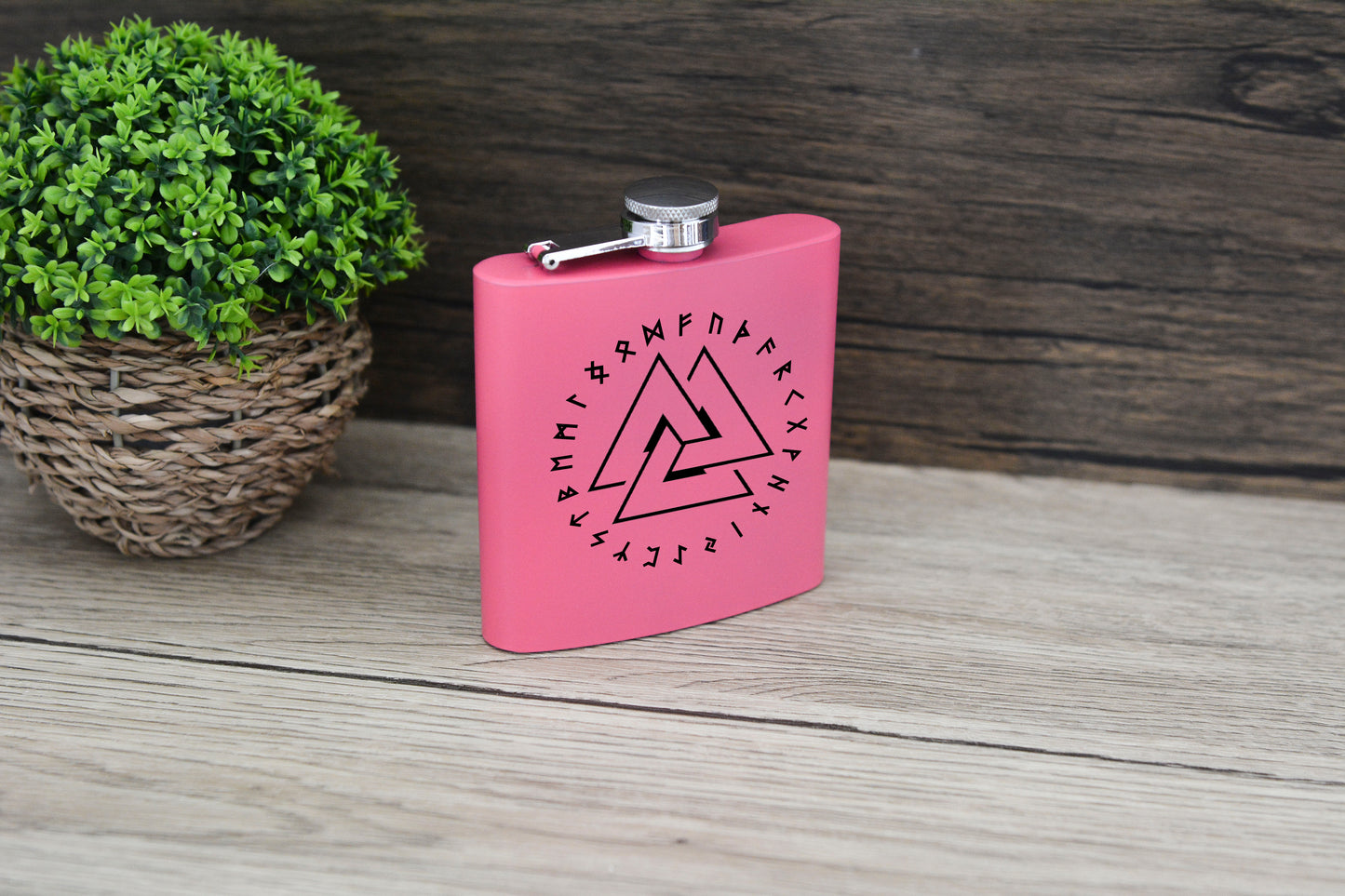 Norse Viking Pink Hip Flask – 6oz Steel Engraved Gift with Gift Box (Black or Silver Finish)