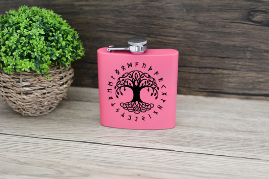 Norse Viking Pink Hip Flask – 6oz Steel Engraved Gift with Gift Box (Black or Silver Finish)
